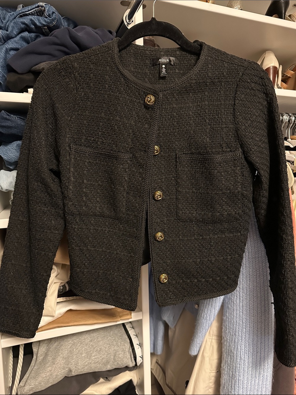 Aqua Black Tweed Blazer with Gold-Tone Swirl Buttons